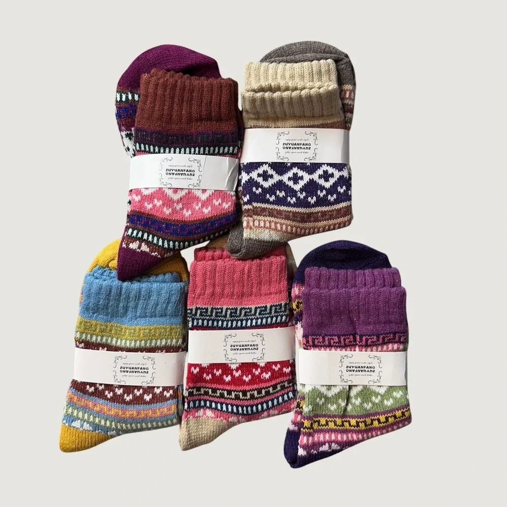 Zuyuanfang Socks Women OS Multicolor Fair Isle Nordic Knit 5-Pair Pack Cozy Crew